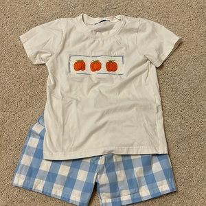 Boys smocked pumpkin shorts set